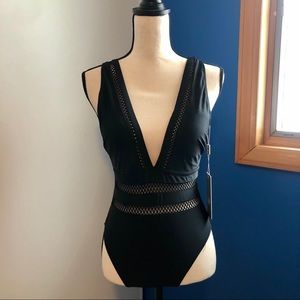 Black One Piece Swimsuit with Plunging V
